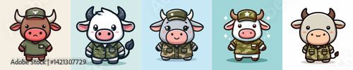 collection of funny bull images dressed as soldiers vector