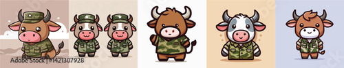 collection of funny bull images dressed as soldiers vector