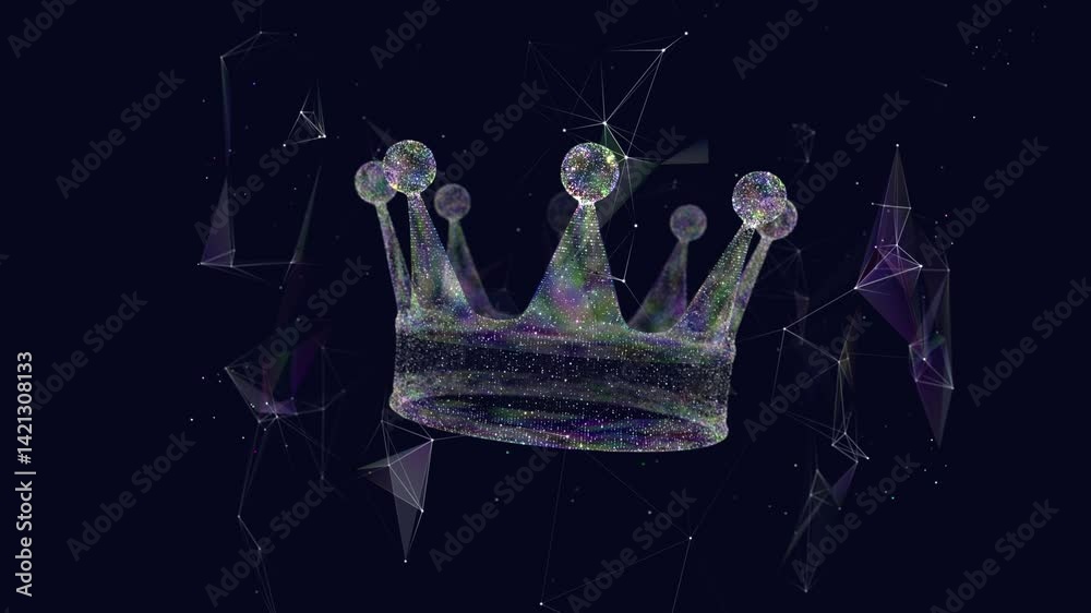 Abstract crown rotating on dark. Futuristic concept crown from dots and triangular net with particles around motion. 3D render looped animation.
