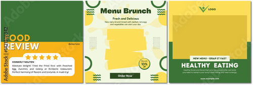 Vibrant Food Promotion Templates Featuring Brunch, Reviews, and Healthy Meals