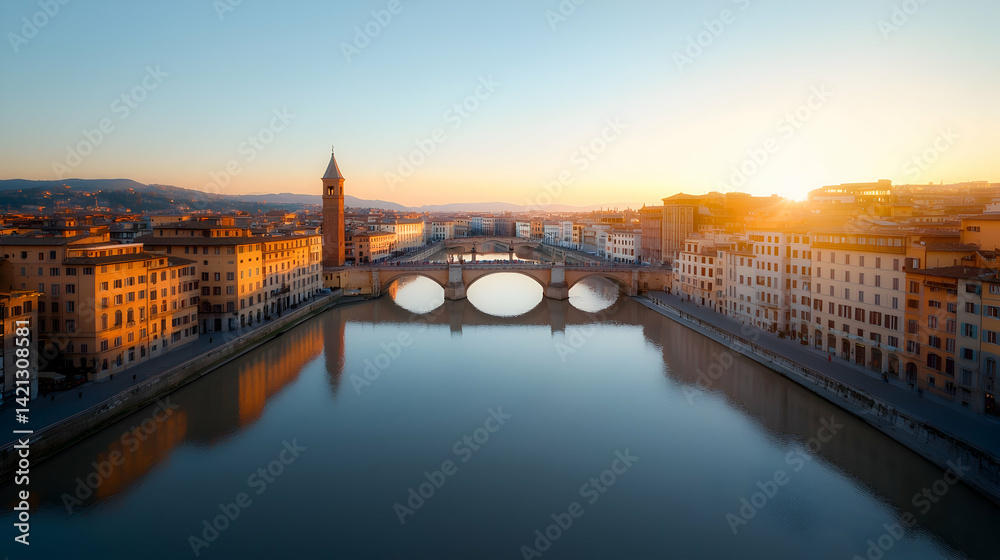 Obraz premium Scenic Panoramic View of a City at Sunset with a Bridge and River Reflection