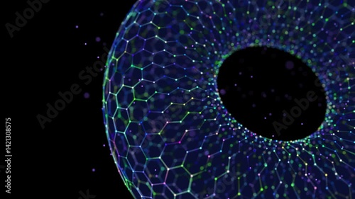 Abstract wireframe blue torus shape with grid on black. Futuristic eye from color grid in cyberspace. Concept for technology and science.