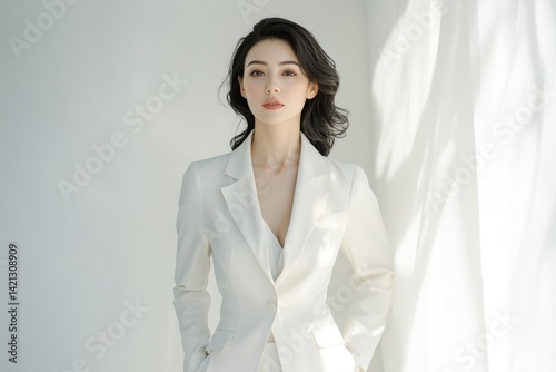 Wallpaper Mural A young woman with dark hair, wearing a white blazer, poses confidently against a white background. Torontodigital.ca