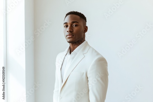 A young Black man in a crisp white suit stands against a white wall, exuding confidence and style.