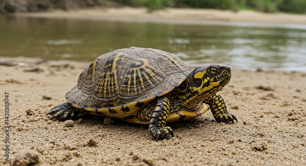 Fototapeta premium Turtle Walking on Sandy Beach Near Water