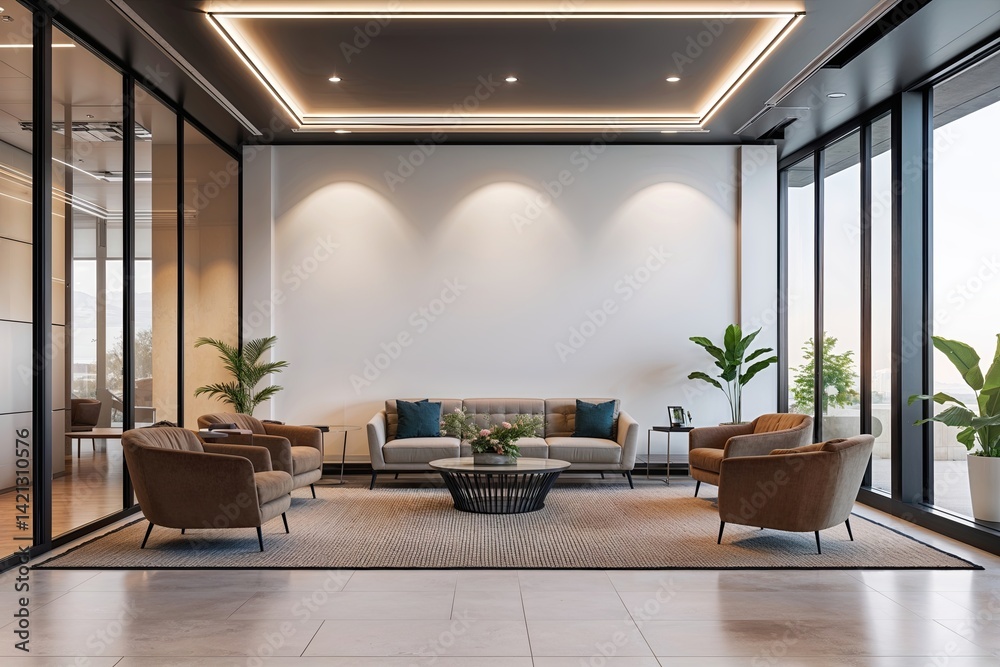 Fototapeta premium Contemporary Office Interior Design Featuring a Cozy Lobby and Minimalist White Wall