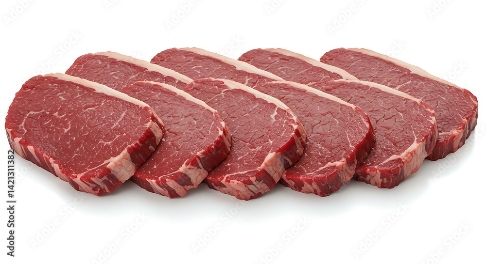 Freshly cut picanha beef steaks arranged in row against white background. Brazilian food