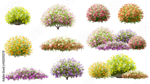  Vector watercolor blooming flower tree or forest side view isolated on white background for landscape and architecture drawing,elements for environment or and garden,green tree for garden section 