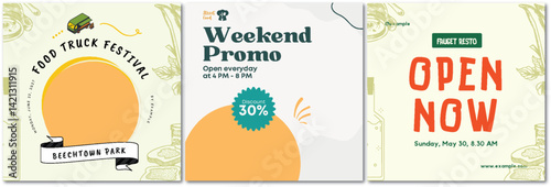 Hand-Drawn Event Promotion Templates for Food, Discounts, and Openings