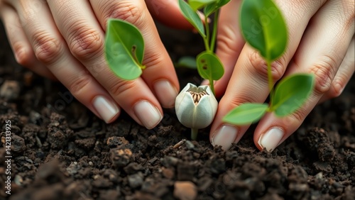 Close up of hands planting a seedling, nurturing new growth for a sustainable future in organic