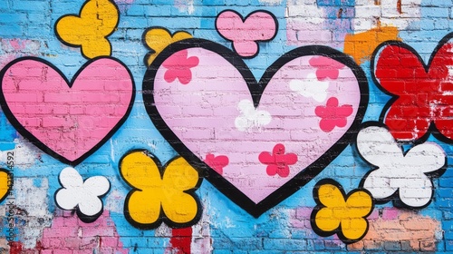 Colorful brick wall displaying art with hearts and flowers