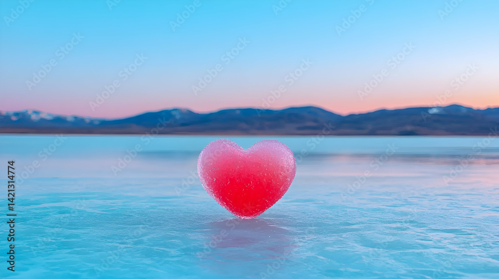 Fototapeta premium Pink Heart Shaped Ice on Frozen Lake at Sunset