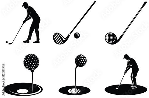 A silhouette vector illustration shows a golf sport scene with a golfer about to swing a club at a ball on the grass, representing a fun recreation game