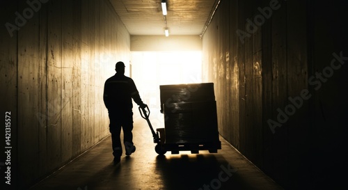 Silhouetted Worker Pulling Pallet Truck in Corridor