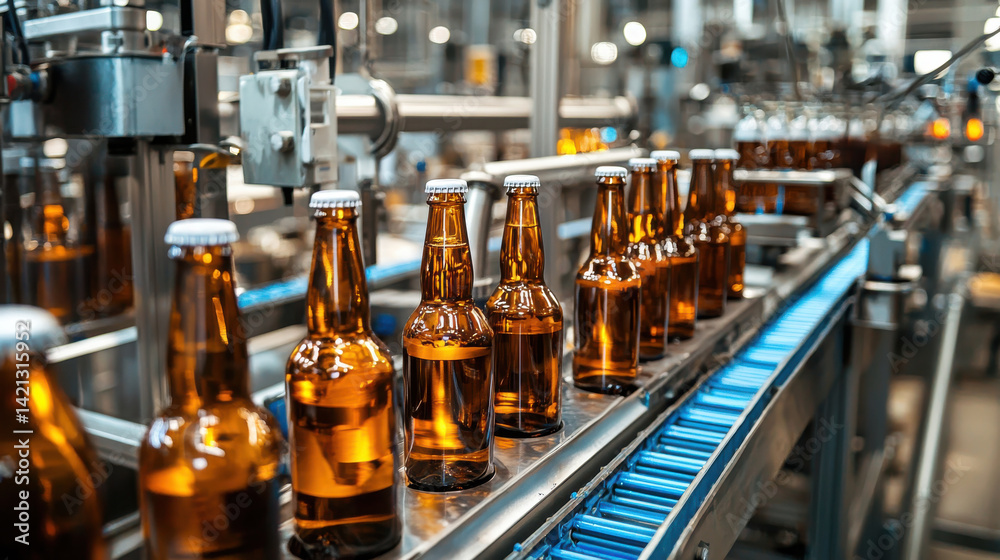 Automated beverage production line with amber bottles on conveyor, showcasing efficiency and modern technology in manufacturing Automated beverage production line with amber bottles on conveyor, showcasing efficiency and modern technology in manufacturing