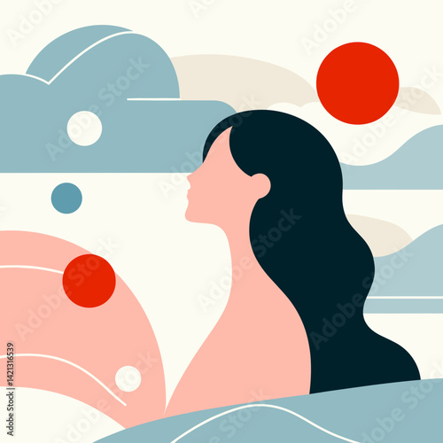 Woman Looking at the Sky Contemplating Nature in Abstract Style  