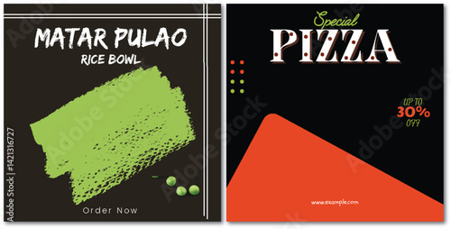Colorful Food Advertisements for Rice Bowl and Pizza Special Offerings