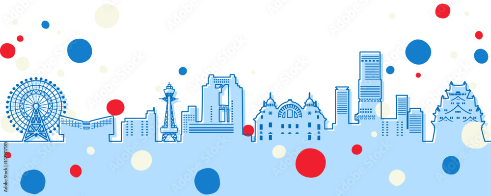 Obraz premium ポップでかわいい日本の街並みのイラスト、大阪(線画)