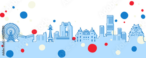 ポップでかわいい日本の街並みのイラスト、大阪（線画）