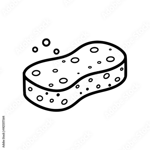 Outline sponge icon with soap bubbles on transparent background  