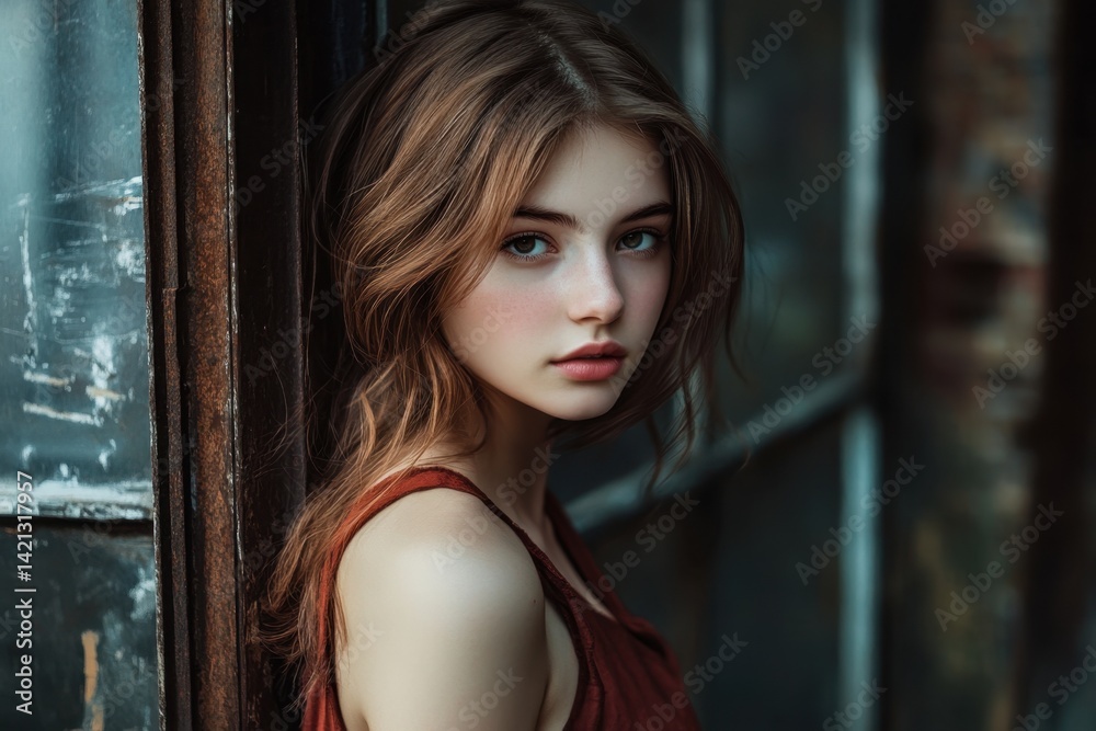 Obraz premium Young woman posing gracefully near a rustic window in soft natural light