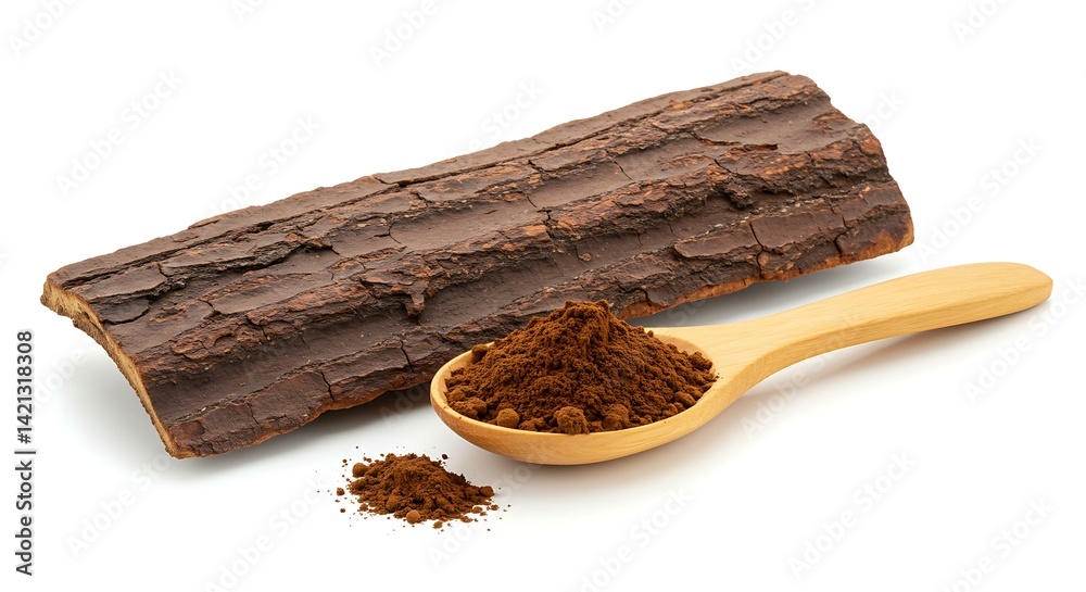 Catuaba bark and wooden spoon with catuaba white background. Brazilian food