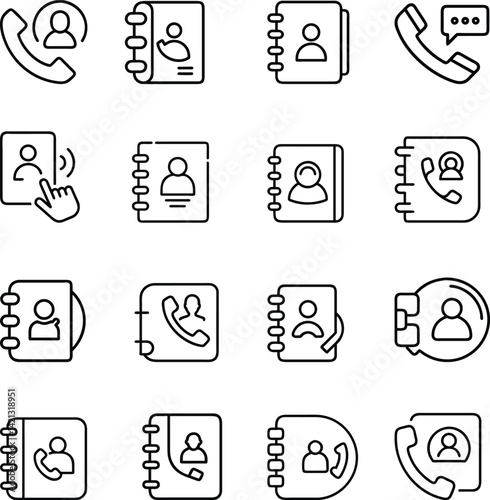 Contact Book and Call Line Icons Set. Phone, Directory, Communication, Profile Symbols