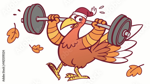 Muscular cartoon turkey lifting weights in orange and brown tones, ideal for fun fitness posters and humorous gym décor.