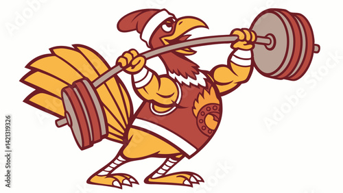 Muscular cartoon turkey lifting weights in orange and brown tones, ideal for fun fitness posters and humorous gym décor.