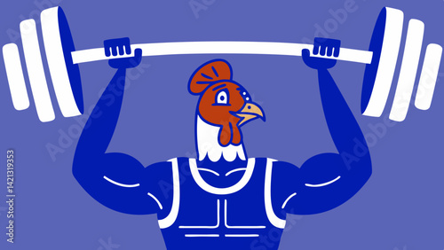 Muscular cartoon turkey lifting weights in orange and brown tones, ideal for fun fitness posters and humorous gym décor.