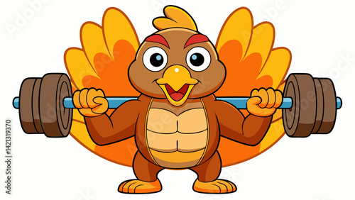 Muscular cartoon turkey lifting weights in orange and brown tones, ideal for fun fitness posters and humorous gym décor.