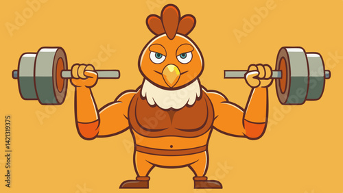Muscular cartoon turkey lifting weights in orange and brown tones, ideal for fun fitness posters and humorous gym décor.