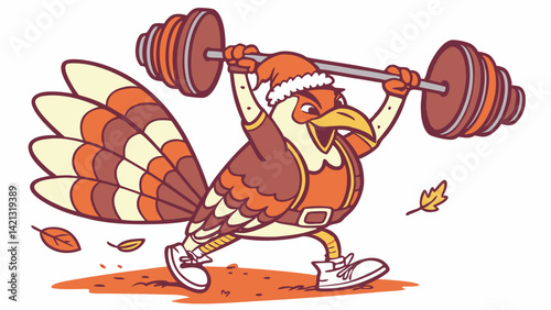 Muscular cartoon turkey lifting weights in orange and brown tones, ideal for fun fitness posters and humorous gym décor.