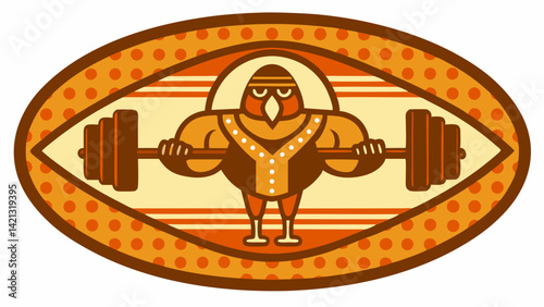 Muscular cartoon turkey lifting weights in orange and brown tones, ideal for fun fitness posters and humorous gym décor.