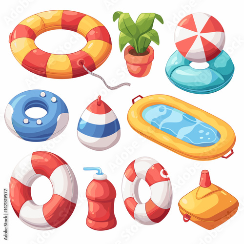 Cartoon summer icons set. set of cartoon beach vector icons for web design