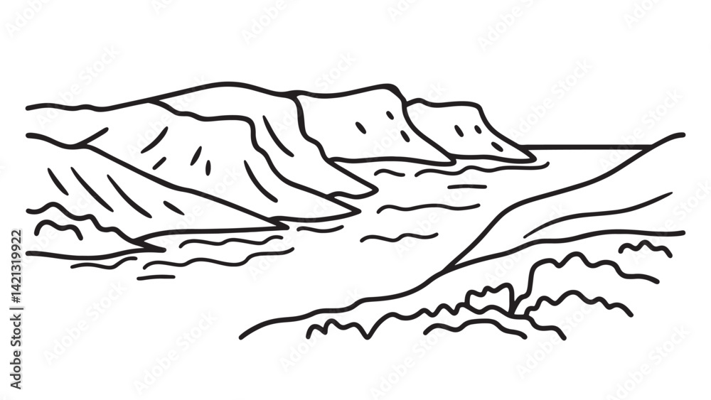 Fototapeta premium Faroe Islands, showcasing lush landscapes and dramatic cliffs, a popular tourist destination line art flat vector illustration