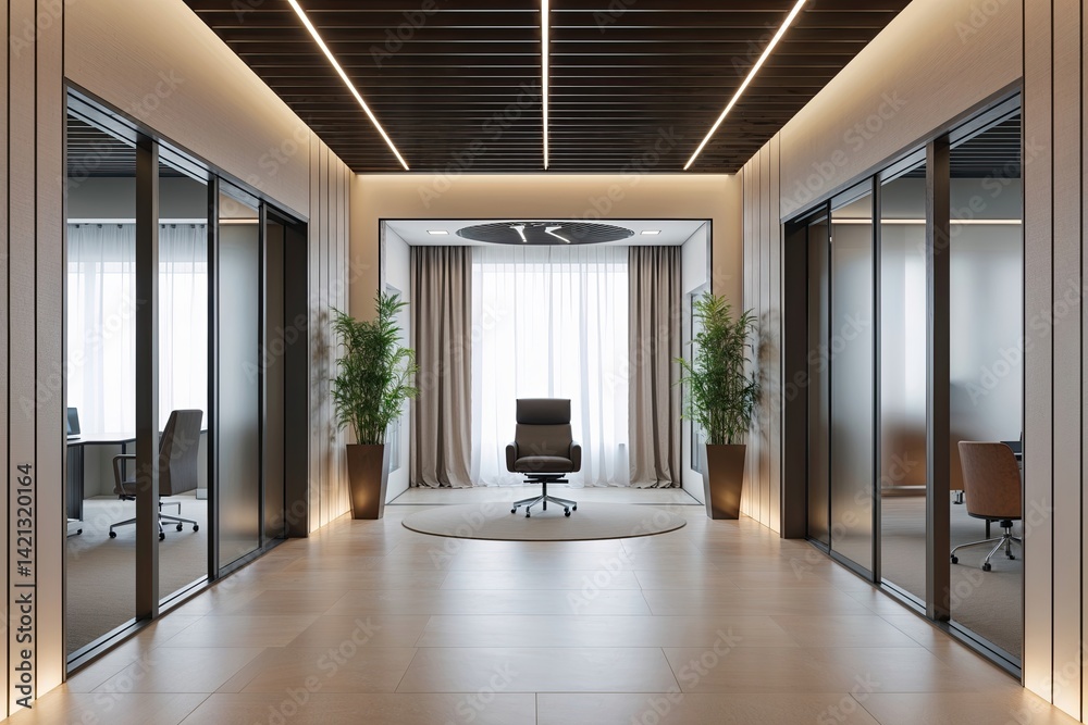 Obraz premium Trendy Modern Office Design with Elegant Corridor and Soft-Focus Background for Business Presentations and Wallpaper Inspiration