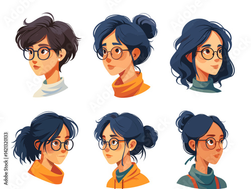 Vector illustration of a set of portraits of girls with different hairstyles.
