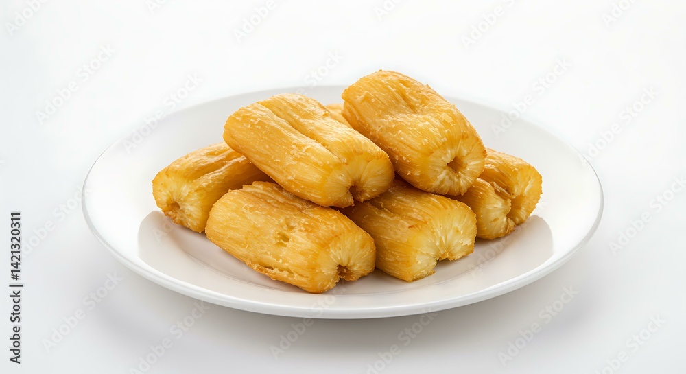 Fried cassava white plate white background. Brazilian food Fried cassava white plate white background. Brazilian food