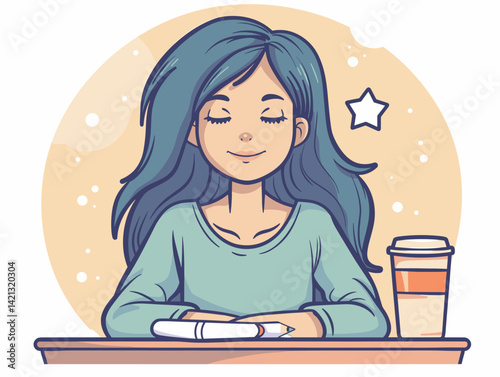 Young woman sitting at the table and drinking coffee. Vector illustration.