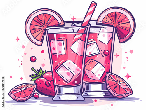 Cocktails with lime, strawberry and ice. Vector illustration.
