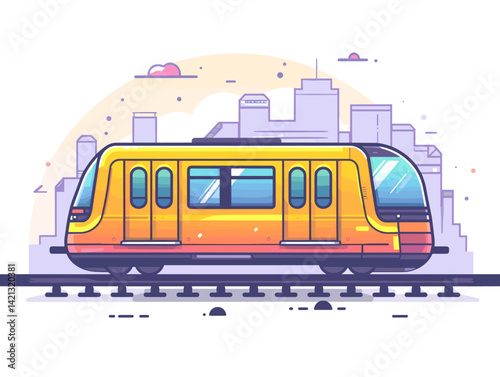 Subway train on the background of the city. Vector illustration.
