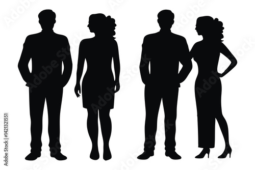 Man and woman team black silhouettes set isolated flat vector illustration on white background
