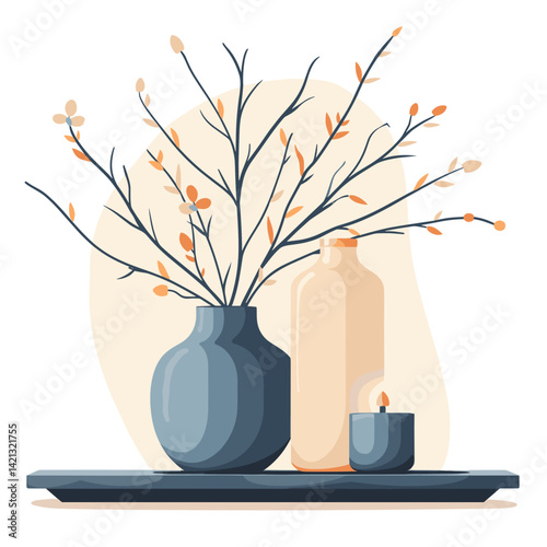 Vase with willow branches and candles. Vector illustration in flat style
