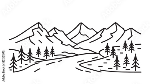  Panoramic landscape of the Dolomites in Italy, highlighting rugged mountains and serene natural beauty line art flat vector illustration