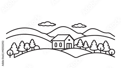  picturesque landscape featuring a charming house surrounded by lush greenery and rolling hills line art flat vector illustration.