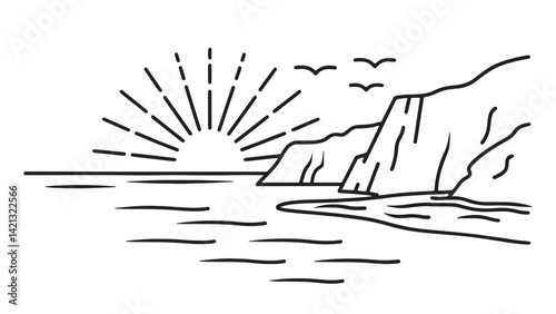 Rocky Pacific coast with clear blue water gently lapping against the shore under a bright sky line art flat vector illustration.