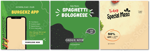Enticing Restaurant Promo Banners: Burger App, Spaghetti Special, and Menu Deal