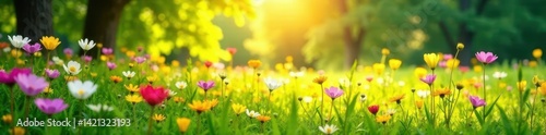 Sunshine dappled meadow with vibrant wildflowers, floral, joyful, tranquil