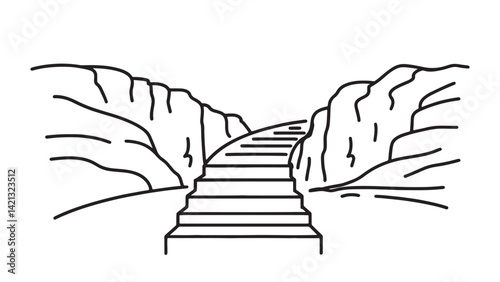 Stairs rise to a narrow trail winding through a dramatic rock formation, highlighting the rugged beauty of the landscape line art flat vector illustration